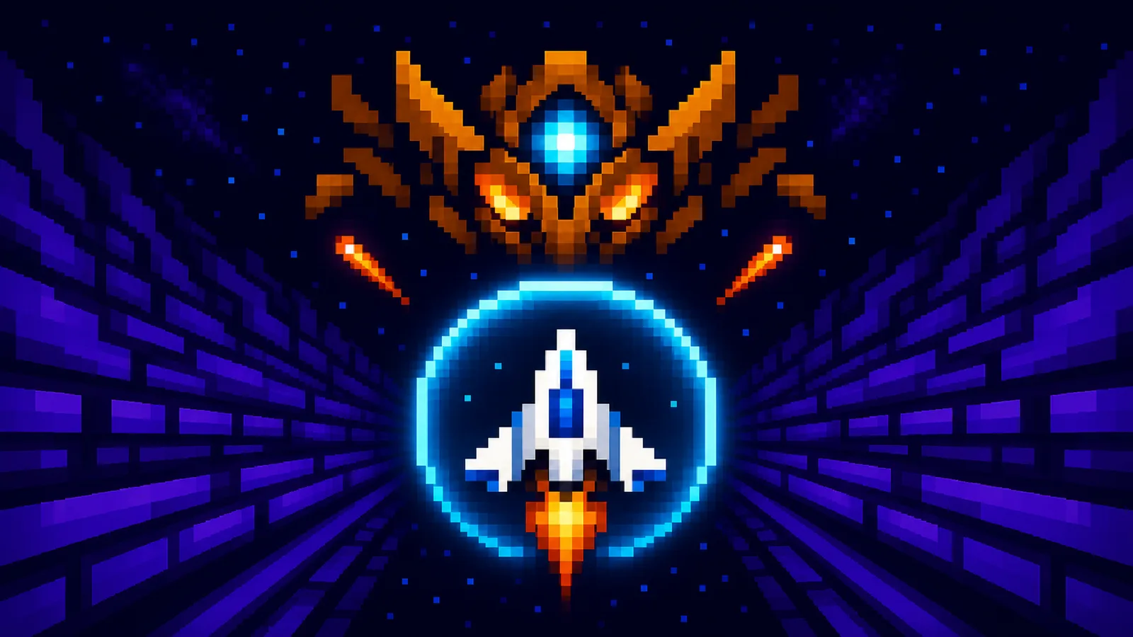 Sector Run pixel art showing a spaceship facing a boss